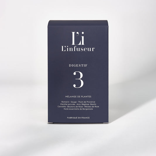 Dark blue box with 'L'infuseur' branding on a light gray background. Herbal Tea Digestif N°3 by L'Infuseur – Thyme & Rosemary