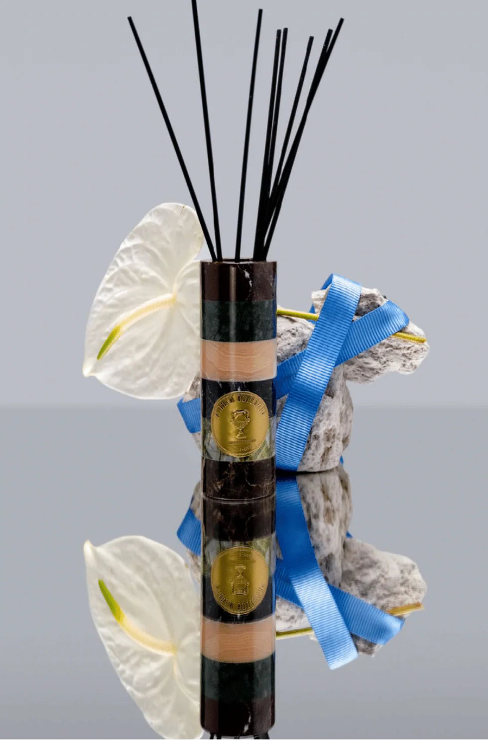 Reed diffuser with decorative elements on a gray background, Marble Diffuser – Venetico Marina Sculpted Home Fragrance – Maison Holder