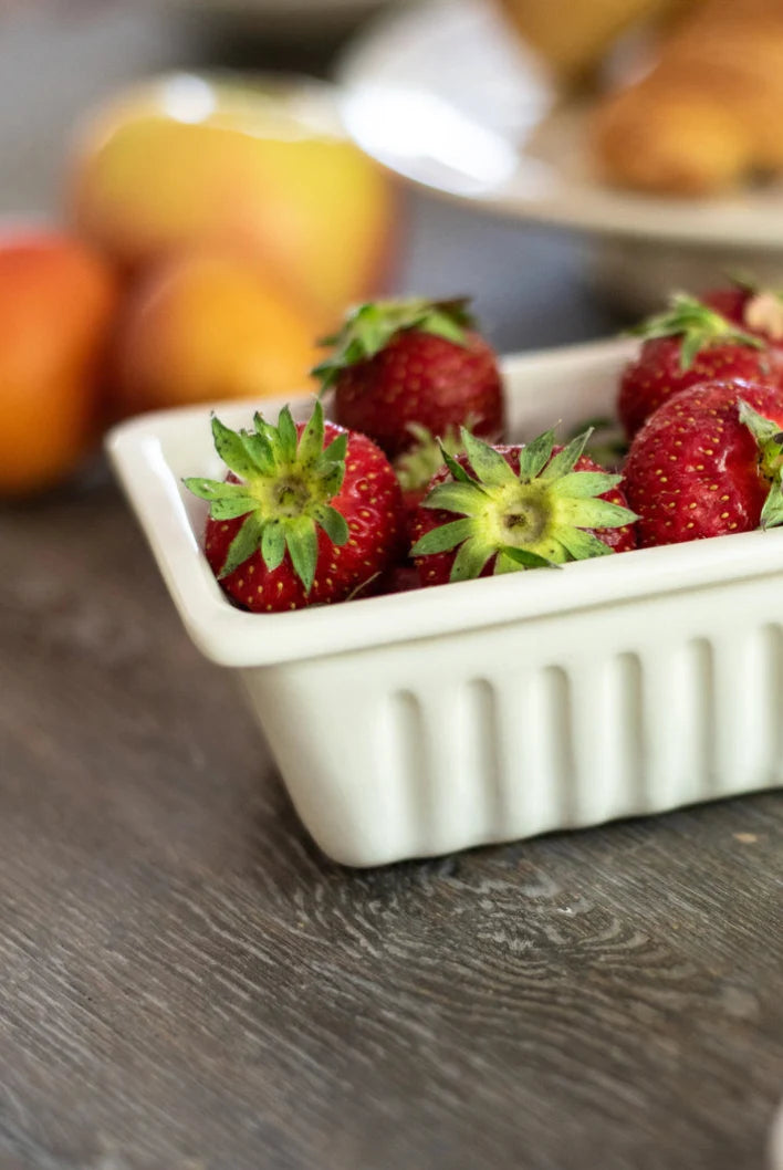 White ceramic container filled with strawberries on a wooden surface, Small French Fries Tray – Desvres Earthenware – Maison Holder