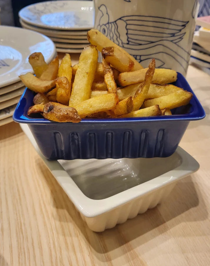 blue ceramic container filled with french fries on a wooden surface, Small French Fries Tray – Desvres Earthenware – Maison Holder