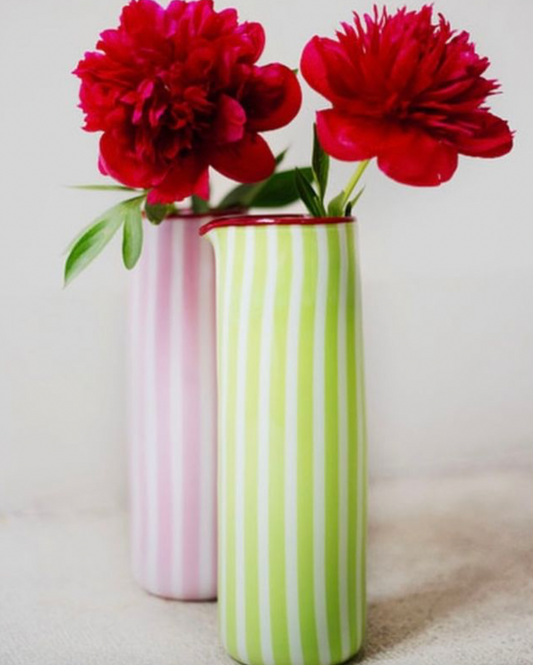 Two striped vases with red flowers on a light background, Joyful Stripe Pitcher – Murano Glass by France Thierard – Maison Holder