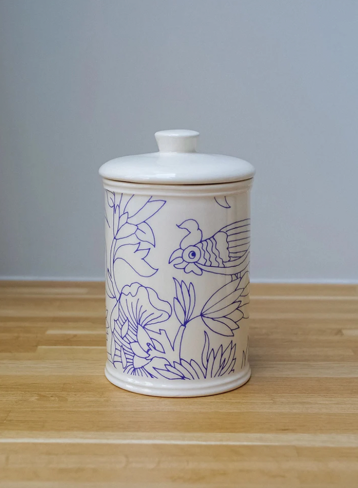 Ceramic jar with fish design on a wooden surface, Rouen Decor Storage Canister – Desvres Earthenware – Maison Holder