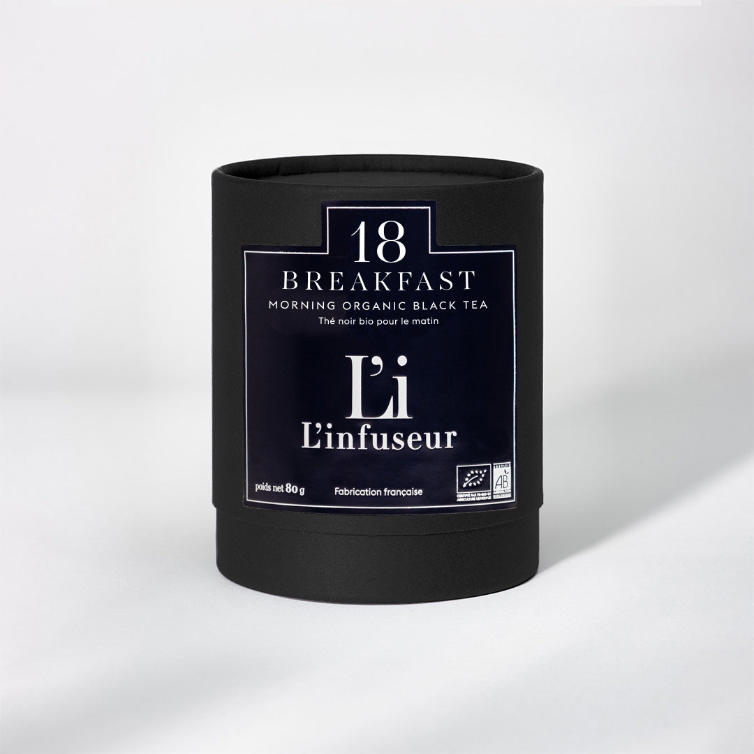Black tea canister with '18 Breakfast' label on a white background, Organic Breakfast Tea N°18 – Black Tea Blend by L'infuseur