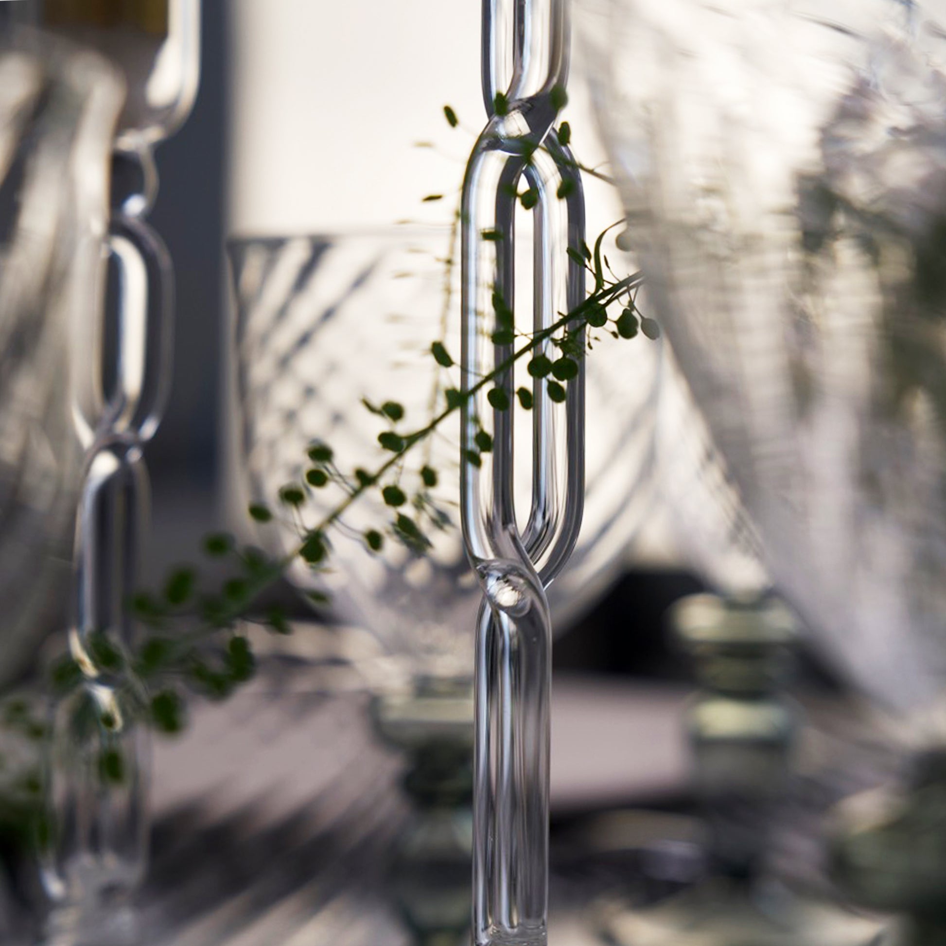 Clear glass hanging plant holder with green leaves against a blurred outdoor background, Infinity Large Candle Holder – Sculptural Glass Art – Maison Holder