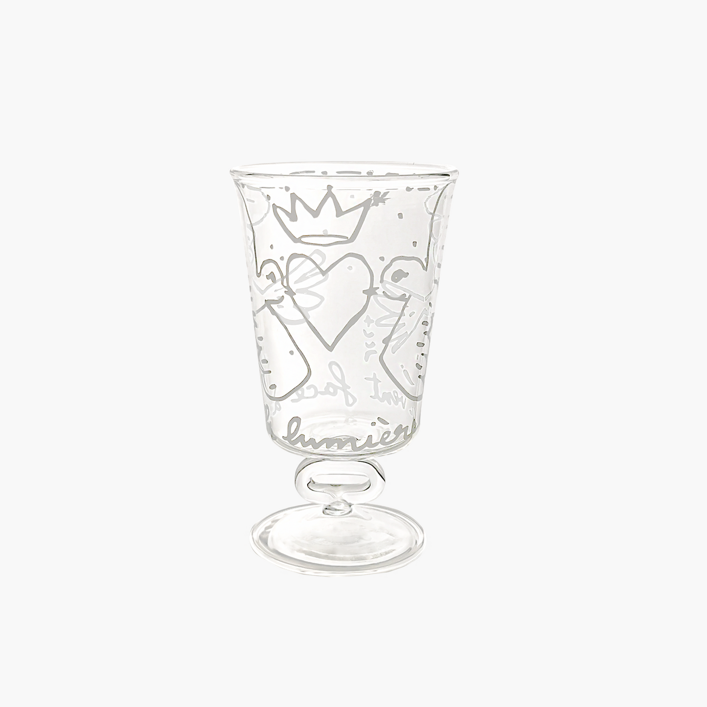 Clear glass with decorative etching on a white background, Jean-Charles de Castelbajac Colombes Wine Glass – WAWW
